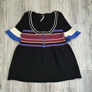 Free People Black w/Stripes  Scoop Neck Sweater w/ Zipper Bodice Sz L